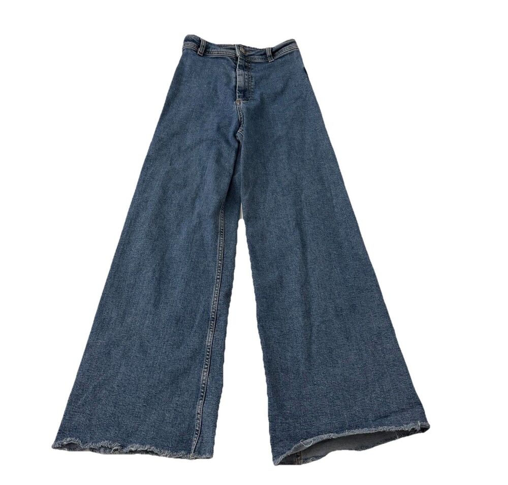 Zara‎ Jeans Womens 2 Blue The Marine Straight Raw Hem High-Rise Wide Leg Boho